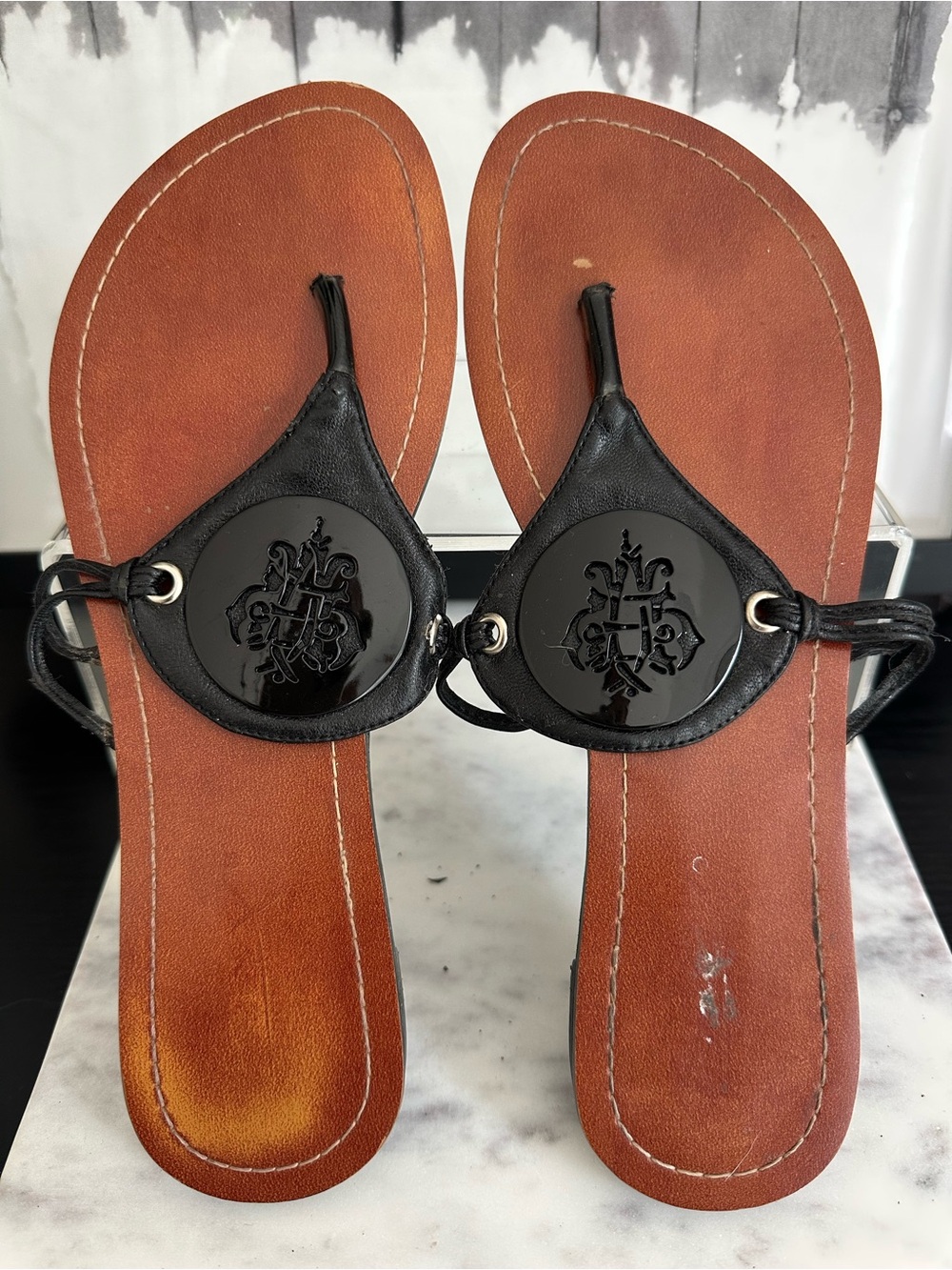 Black Thong Sandals with Medallion Detail